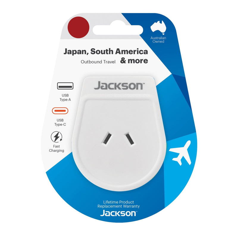 JACKSON Slim Outbound Travel Adaptor 1x USB-A and 1x USB-C (2.1A) Charging Ports. Converts NZ/AUS Plugs for use in USA, Japan & South America. - Office Connect 2018