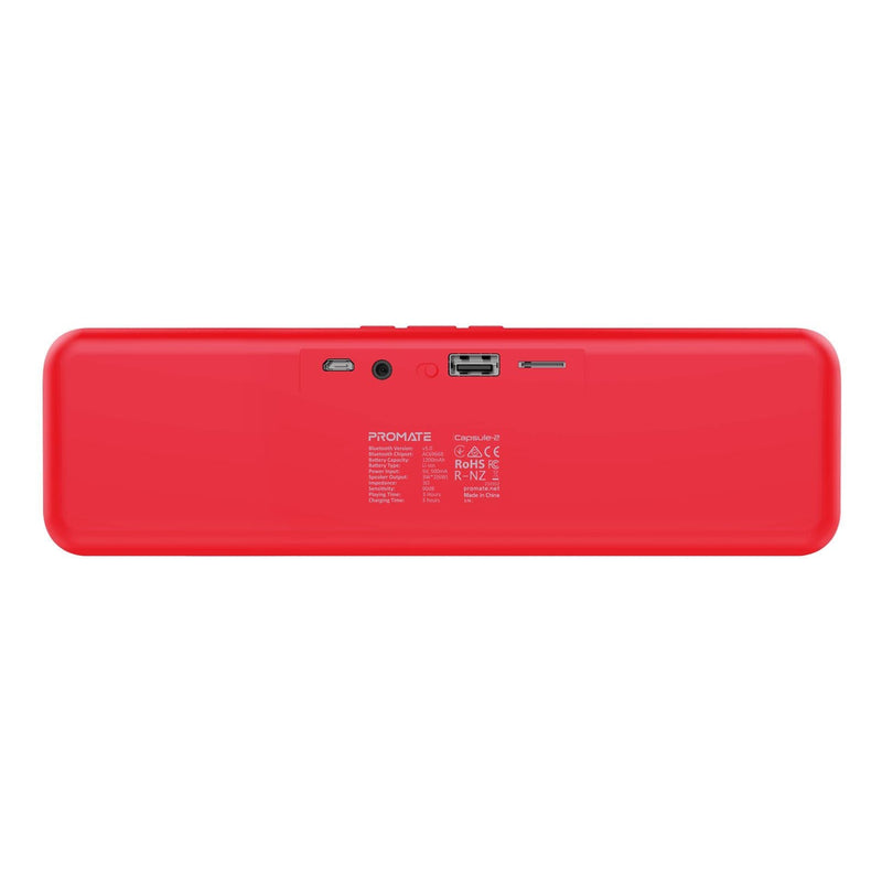 PROMATE 6W Wireless HD Bluetooth Portable Speaker. Built-in 1200mAh Lithium Battery. Up to 4 Hours Playback. 3.5mm Audio Jack, USB or MicroSD Playback. Operating Distance 10m. Red.