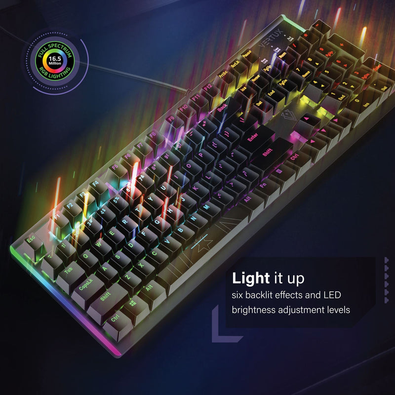 VERTUX High Performance Mechanical Gaming Keyboard with RGB Backlight. Blue Mechanical Keys for Faster Tactical Response.100% All-key Anti Ghosting. 6 Rainbow light effect - Office Connect 2018
