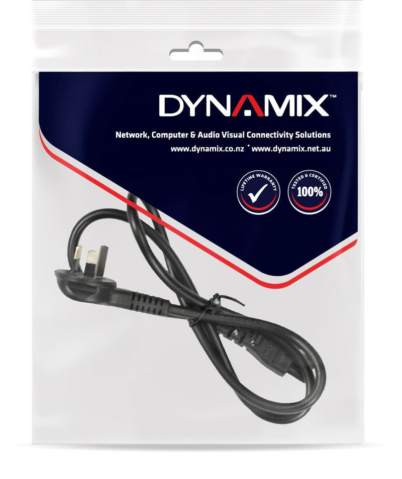 DYNAMIX 1M Flat Head 3-Pin to C5 Clover Shaped Female Connector 7.5A. SAA approved Power Cord. 0.75mm copper core. BLACK Colour.