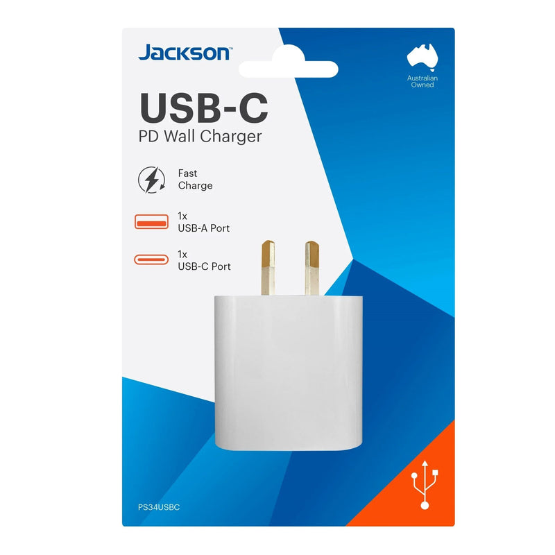 JACKSON 18W Dual Port USB Wall Charger with 1x USB-A & 1x USB-C Ports. Fast Charge 18W PD. - Office Connect 2018