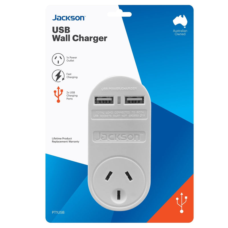 JACKSON Single Plug USB Wall Charger, 2x USB Charging Outlets (2.1A total) Power status indicator and a 240V mains outlet.