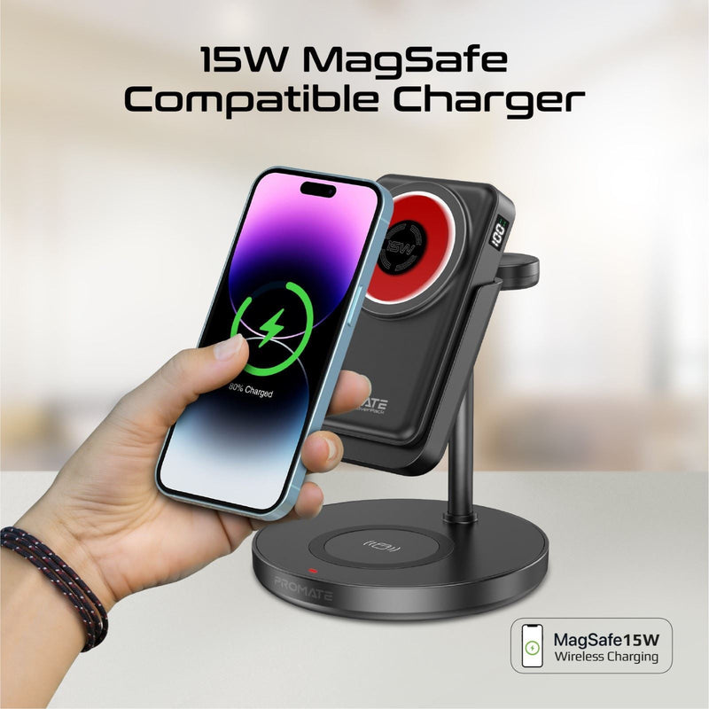 PROMATE 4-in-1 Charging Station. Includes 15W Magsafe Compatible Wireless Charging 10000mAh Power Bank, 5W AirPods Charger, Detachable 2W Apple Watch Charger. Supports 20W PD. Qualcomm QC 3.0.