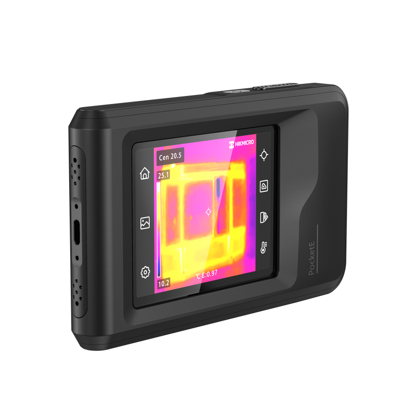 HIKMICRO PocketE Wi-Fi Thermal Imaging Camera. 3.5" LCD Touch Screen. Thermal, Visual, Fusion & PIP Image Modes. Thermal Resolution: 9,216 Pixels. NETD: Less than  50 mK.