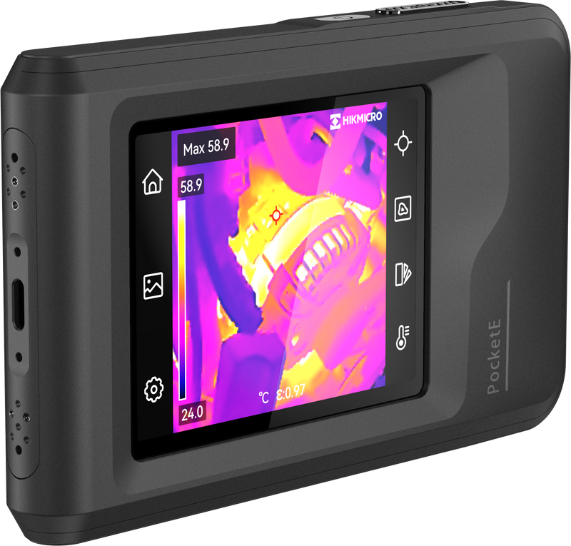 HIKMICRO PocketE Wi-Fi Thermal Imaging Camera. 3.5" LCD Touch Screen. Thermal, Visual, Fusion & PIP Image Modes. Thermal Resolution: 9,216 Pixels. NETD: Less than  50 mK.