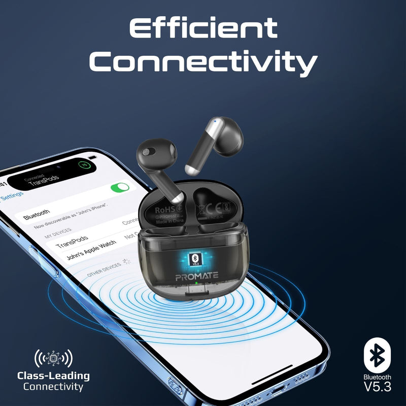 PROMATE In-Ear HD Bluetooth Earbud with Intellitouch & 300mAh Charging Case. Ergonomic Fit, up to 6-Hour Playback, 2x 40mAh Earphone Battery, Auto Pairing, Black Colour