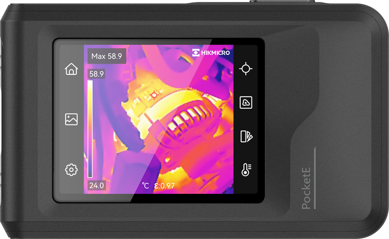 HIKMICRO PocketE Wi-Fi Thermal Imaging Camera. 3.5" LCD Touch Screen. Thermal, Visual, Fusion & PIP Image Modes. Thermal Resolution: 9,216 Pixels. NETD: Less than  50 mK.