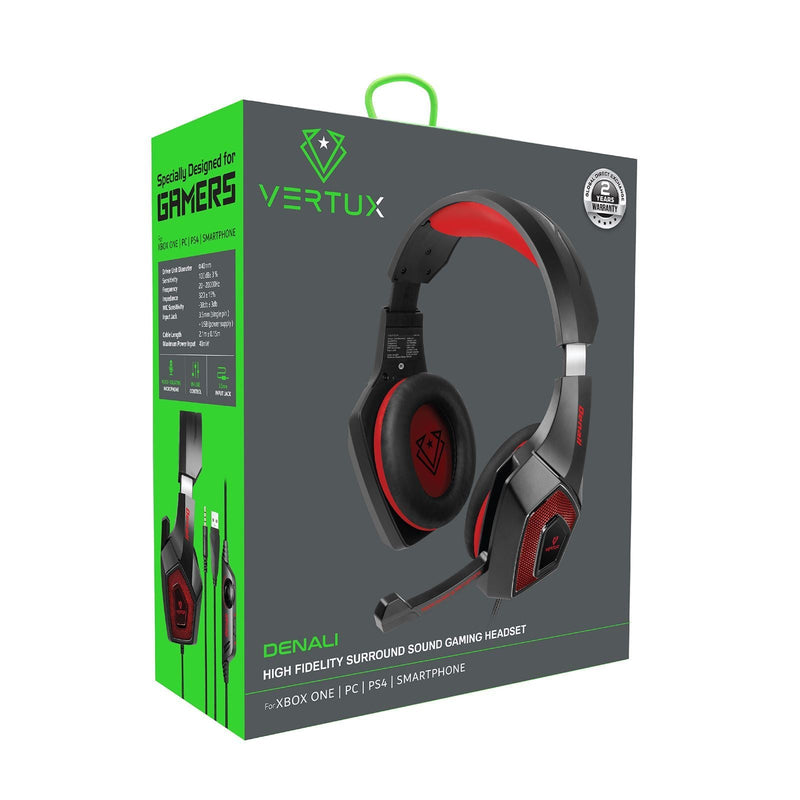 VERTUX Gaming High Fidelity Surround Sound Wired Over-ear Headset with High Grade Retractable Microphone.Noise Reduction Earpads. Adjustable Headband. Finely Tuned 40mm Drivers.3.5mm Input. Black/Red - Office Connect 2018