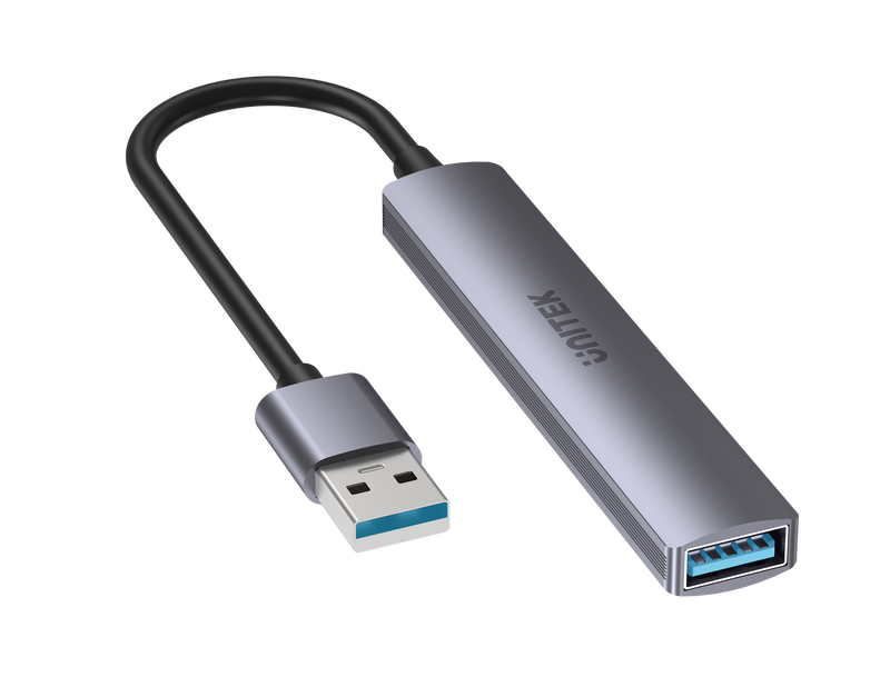 UNITEK 4-in-1 USB Multi-port Ultra Slim Hub with USB-A Connector. Includes 1x USB3.0 Port & 3x USB2.0 Ports. 30cm Cable. Space Grey - Office Connect 2018