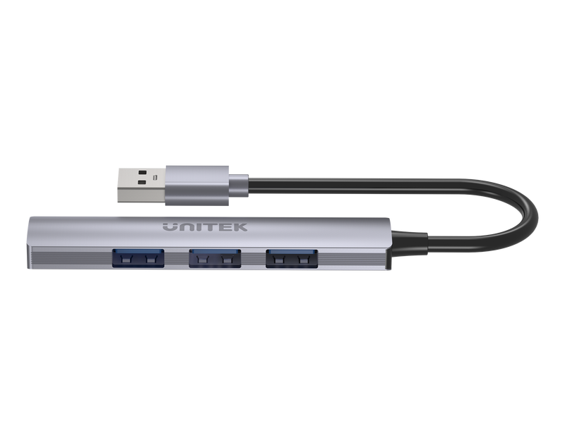 UNITEK 4-in-1 USB Multi-port Ultra Slim Hub with USB-A Connector. Includes 1x USB3.0 Port & 3x USB2.0 Ports. 30cm Cable. Space Grey - Office Connect 2018