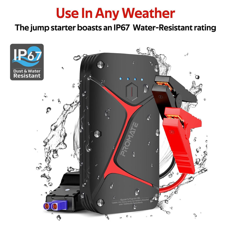 PROMATE 12V IP67 Car Jump Starter with Built-in 16000mAh Powerbank. 80lm LED Flashlight, Damage-free Smart Clamps to Protect against Short Circuits, Micro-USB & USB-C Inputs. 2x USB-A Outputs