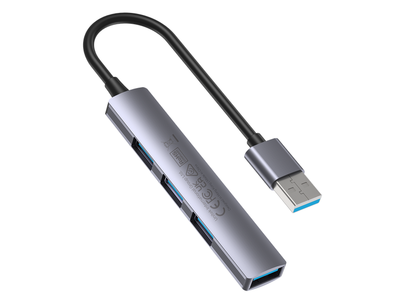 UNITEK 4-in-1 USB Multi-port Ultra Slim Hub with USB-A Connector. Includes 1x USB3.0 Port & 3x USB2.0 Ports. 30cm Cable. Space Grey - Office Connect 2018