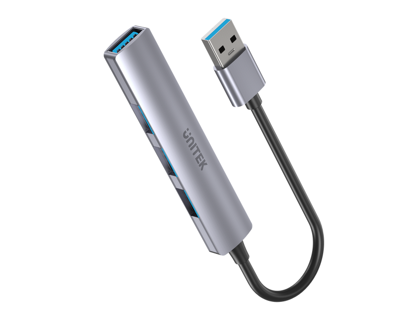 UNITEK 4-in-1 USB Multi-port Ultra Slim Hub with USB-A Connector. Includes 1x USB3.0 Port & 3x USB2.0 Ports. 30cm Cable. Space Grey - Office Connect 2018
