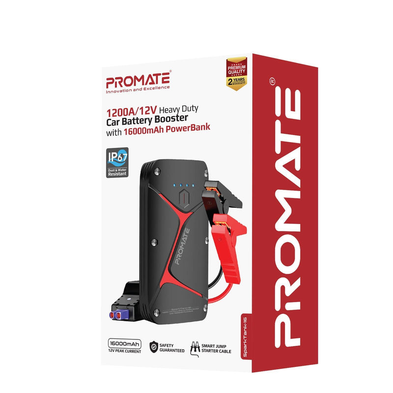 PROMATE 12V IP67 Car Jump Starter with Built-in 16000mAh Powerbank. 80lm LED Flashlight, Damage-free Smart Clamps to Protect against Short Circuits, Micro-USB & USB-C Inputs. 2x USB-A Outputs