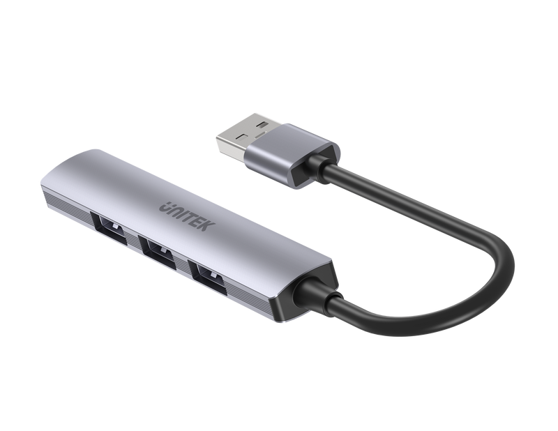 UNITEK 4-in-1 USB Multi-port Ultra Slim Hub with USB-A Connector. Includes 1x USB3.0 Port & 3x USB2.0 Ports. 30cm Cable. Space Grey - Office Connect 2018