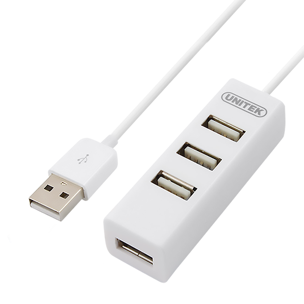 UNITEK USB-A 2.0 4-Port Hub. Plug & play. Backward compatible with USB1.1. Supports data transfer up to 480Mbps. White Colour.