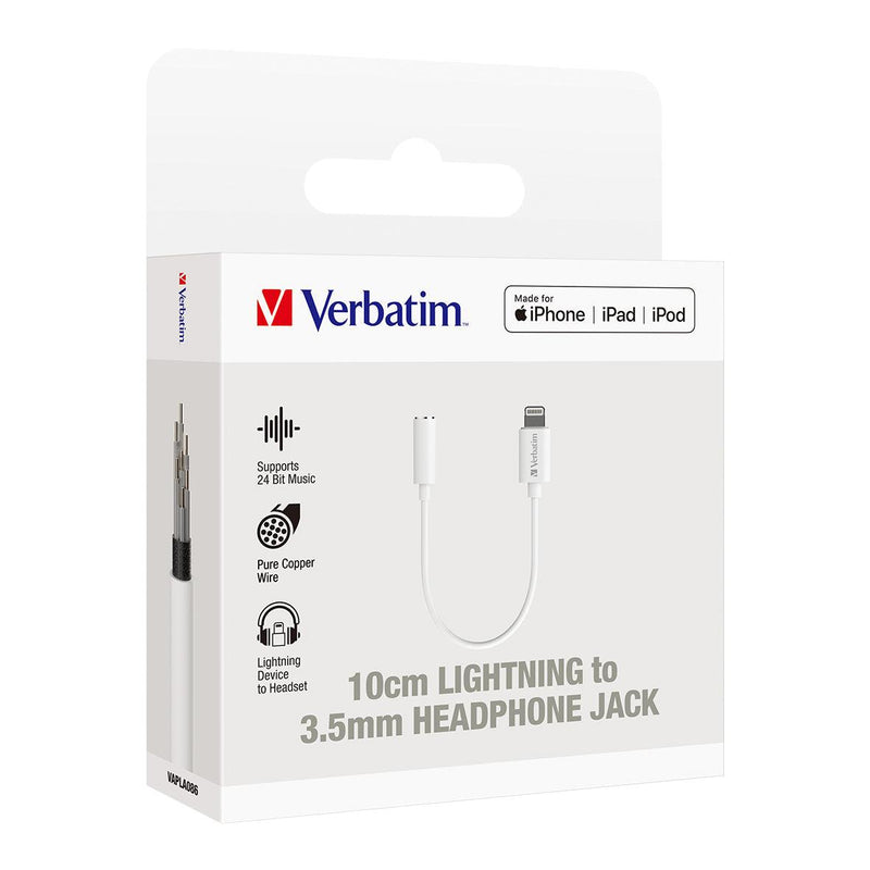 Verbatim Essentials Lightning to 3.5mm Headphone Jack 10cm White - Office Connect 2018