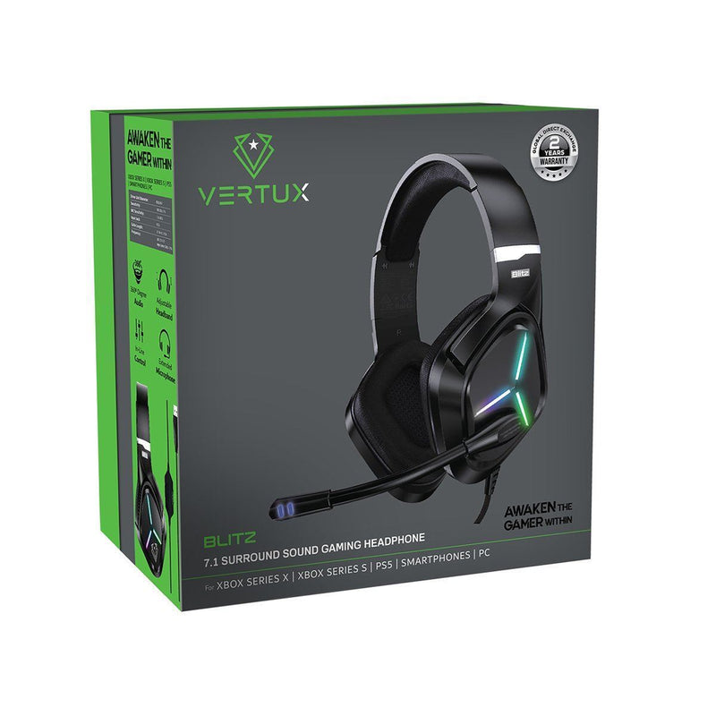 VERTUX 7.1 Surround Sound Gaming Headphone with Noise Isolating Microphone. Inline Controller, USB Connection, Adjustable Headband, 360 Degree Audio, Multi-Platform Compatibility. Black Colour