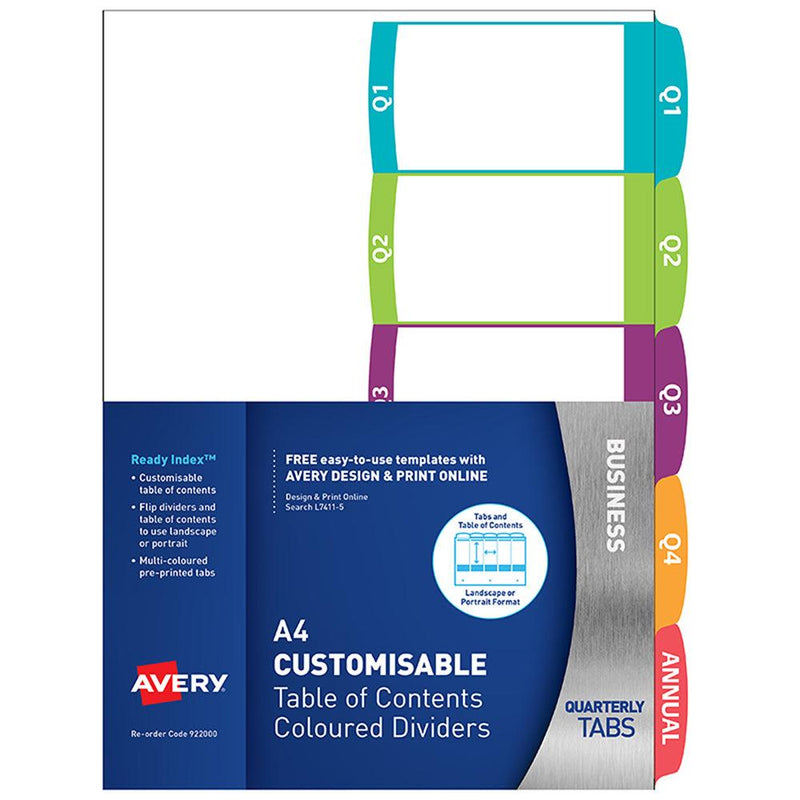 Avery Customisable Table Of Contents A4 Quarterly 5 Tabs Coloured - Office Connect 2018