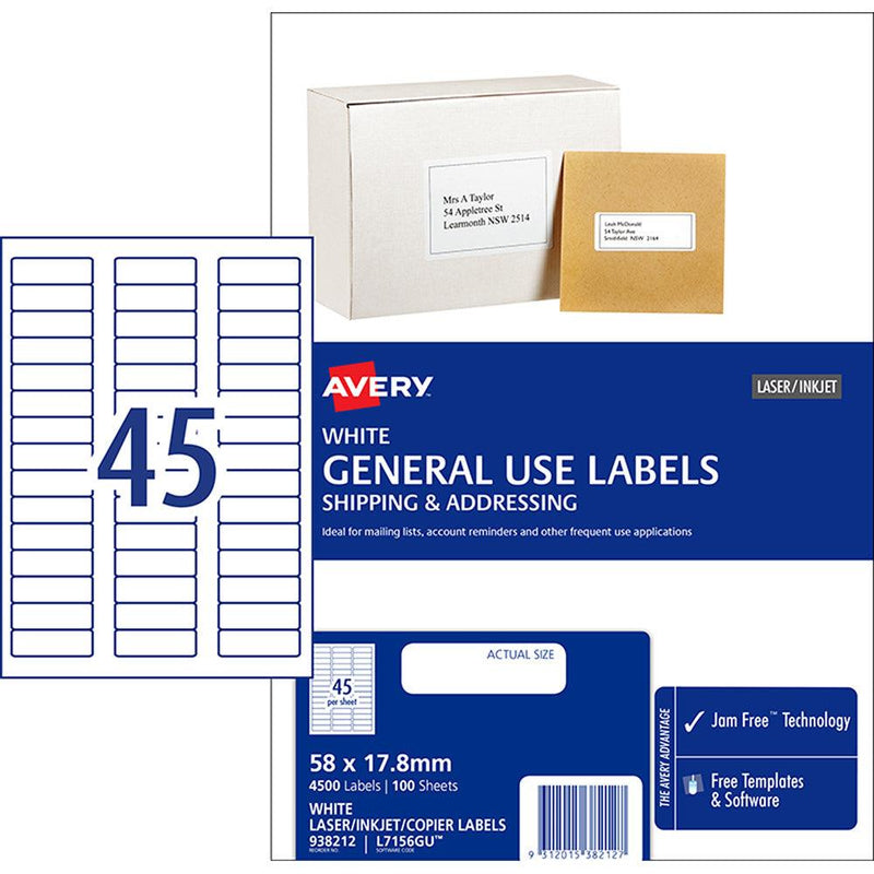 Avery Label L7156 General Use 58x17.8mm 45up 100 Sheets - Office Connect 2018