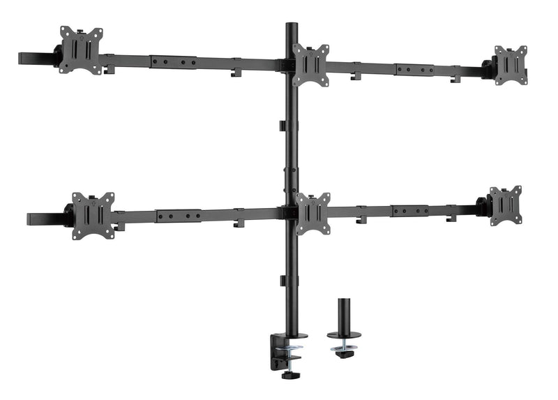 BRATECK 17"-32" Six Monitor Articulating Desktop Mount Bracket. Max Weight 7kgs per Monitor. Rotate Tilt, Swivel. Clamp & Grommet Option. VESA 75x75 & 100x100. Black Colour.