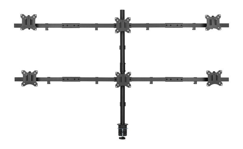 BRATECK 17"-32" Six Monitor Articulating Desktop Mount Bracket. Max Weight 7kgs per Monitor. Rotate Tilt, Swivel. Clamp & Grommet Option. VESA 75x75 & 100x100. Black Colour.