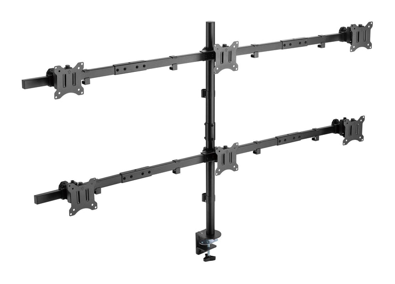 BRATECK 17"-32" Six Monitor Articulating Desktop Mount Bracket. Max Weight 7kgs per Monitor. Rotate Tilt, Swivel. Clamp & Grommet Option. VESA 75x75 & 100x100. Black Colour.