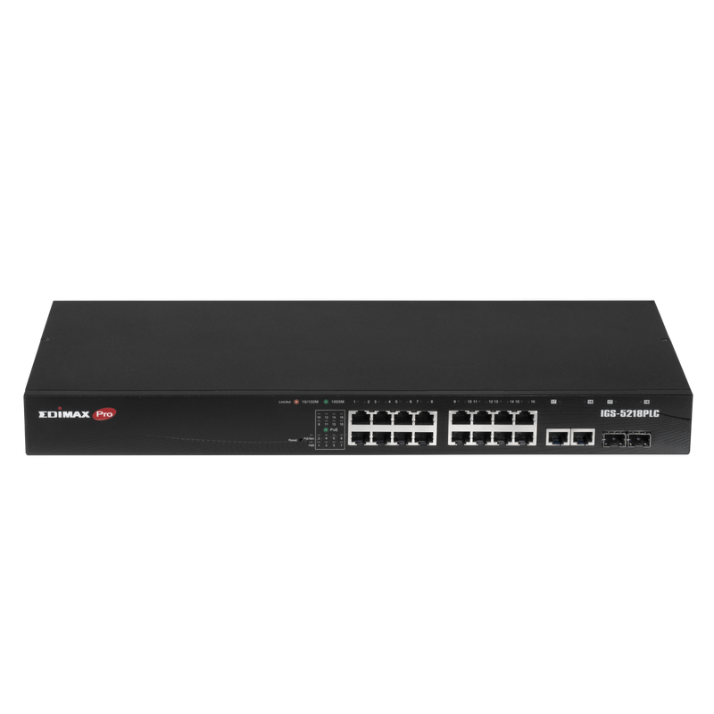 EDIMAX Industrial Surveillance VLAN 18-Port Gigabit PoE+ Web Smart Switch. 16 Gigabit Ethernet Ports, 2 Gigabit RJ45 and 2 SFP Combo Ports. PoE up to 200m at 10Mps. Supports up to 30W per Port.