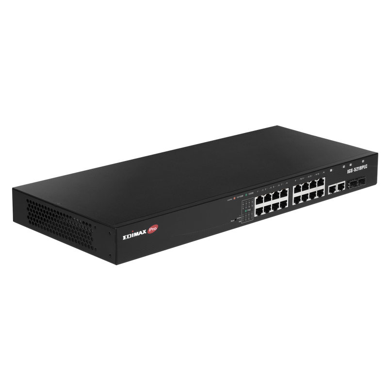 EDIMAX Industrial Surveillance VLAN 18-Port Gigabit PoE+ Web Smart Switch. 16 Gigabit Ethernet Ports, 2 Gigabit RJ45 and 2 SFP Combo Ports. PoE up to 200m at 10Mps. Supports up to 30W per Port.