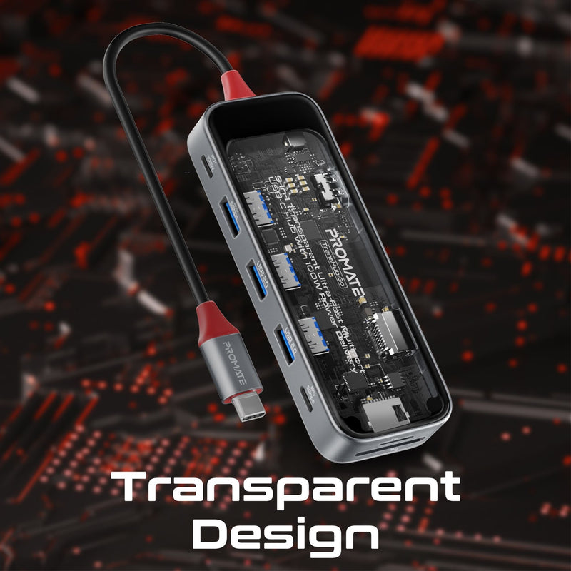 PROMATE 9-in-1 USB Multi-Port Hub with USB-C Connector. Includes 100W PD, 4K HDMI Port, RJ45 Port, USB-A 3.0/2.0 Ports, SD/TF Card Slots. Transparent