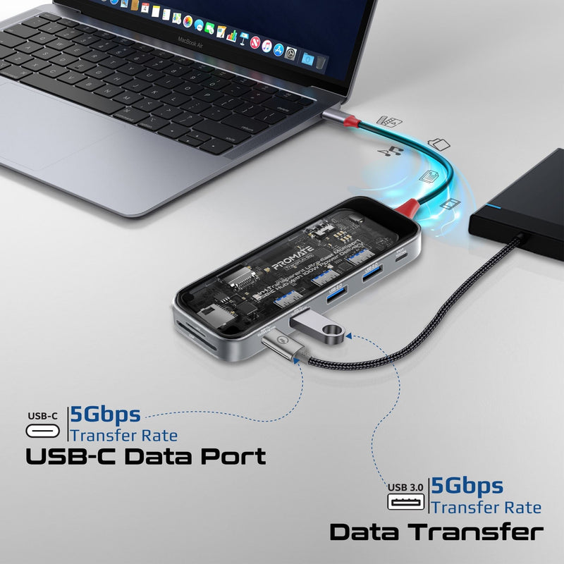 PROMATE 9-in-1 USB Multi-Port Hub with USB-C Connector. Includes 100W PD, 4K HDMI Port, RJ45 Port, USB-A 3.0/2.0 Ports, SD/TF Card Slots. Transparent