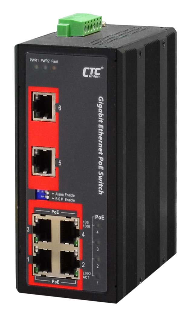 CTC UNION 6 Port Gigabit Unmanaged PoE Switch.  -40C~+75C. 6x 10/100/1000Base-T (X). 4x PoE+ ports. Power budget 120W. Power consumption V DC/W: 24/142.9, 48/139.6. Dinmount kit included.