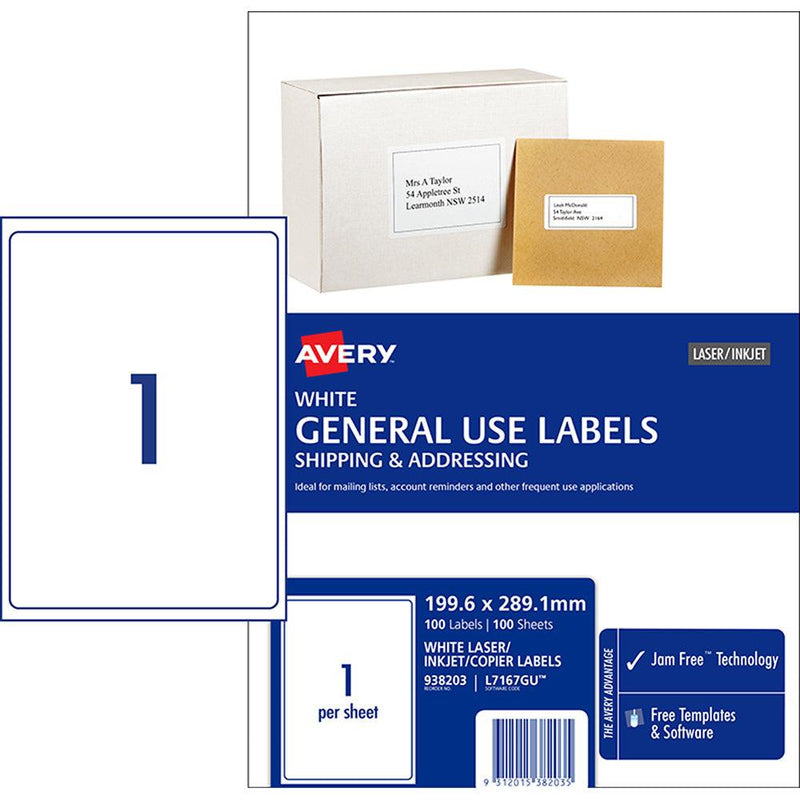 Avery Label L7167 General Use A4 1up 100 Sheets 199x289mm - Office Connect 2018