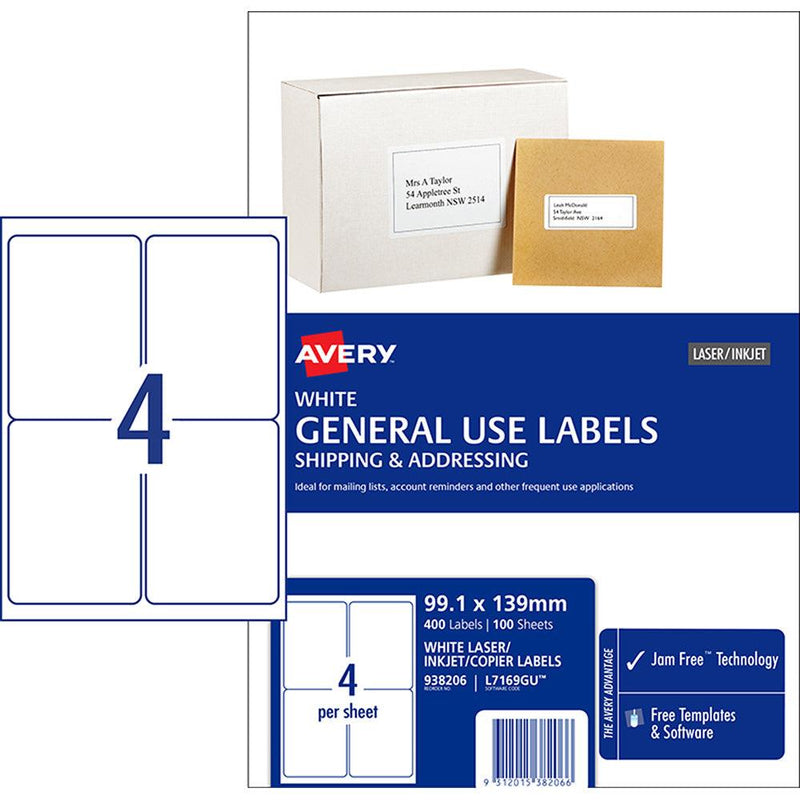 Avery Label L7169 General Use A4 4up 100 Sheets 99x139mm - Office Connect 2018