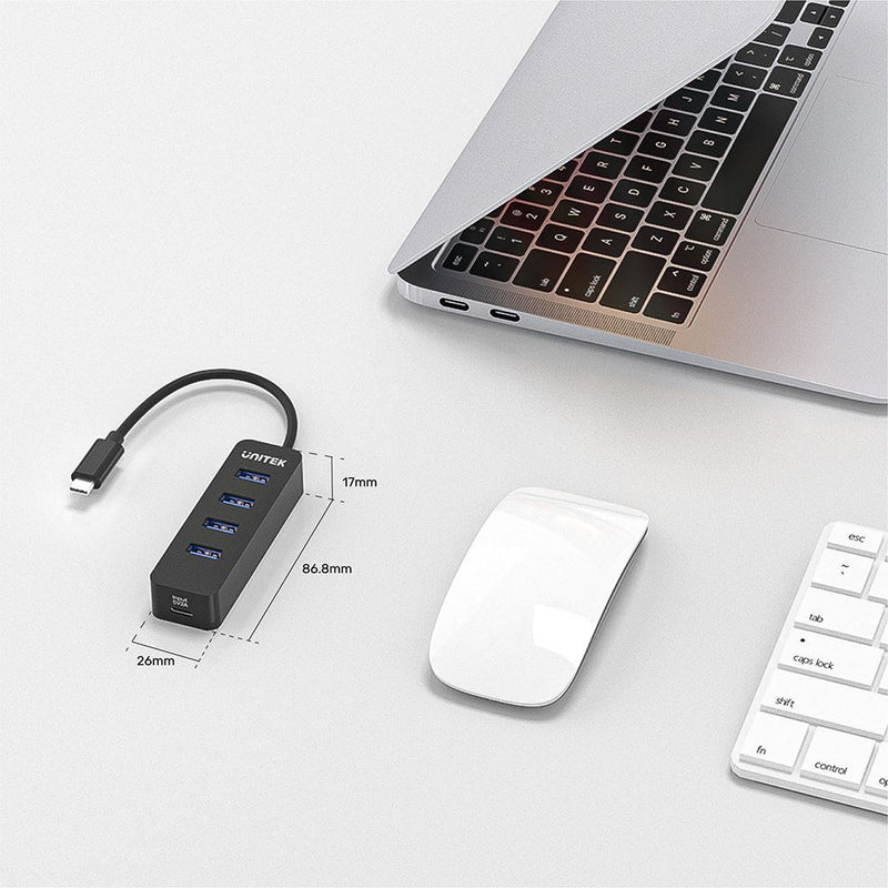 UNITEK USB 3.0 4-Port Hub with USB-C Connector Cable. Includes 4x USB-A Ports, 1x USB-C Power Port 5V 2A. Data Transfer Rate up to 5Gbps. Plug & Play. Black Colour. - Office Connect 2018