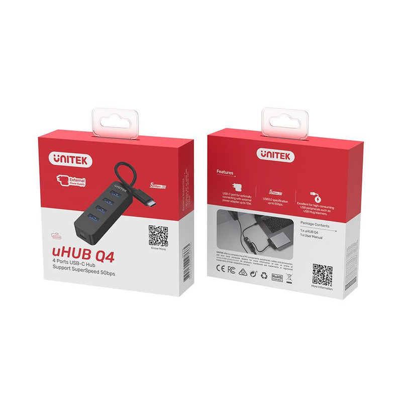 UNITEK USB 3.0 4-Port Hub with USB-C Connector Cable. Includes 4x USB-A Ports, 1x USB-C Power Port 5V 2A. Data Transfer Rate up to 5Gbps. Plug & Play. Black Colour. - Office Connect 2018