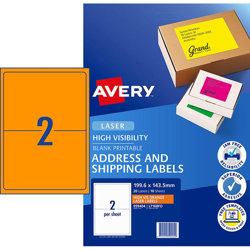 Avery Shipping Label L7168FO Fluoro Orange Laser 199.6x143.5mm 2 Up 10 Shts - Office Connect 2018