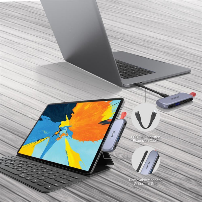 UNITEK 4-in-1 USB Hub for iPad Pro Hub. Includes 1 x USB-A Port,1 x HDMI 4k 60Hz Port, PD100W Power Delivery., 3.5mm Audio. Includes extra USB-C Extension Cable JUNE Promo - Includes FREE C137W - Office Connect 2018