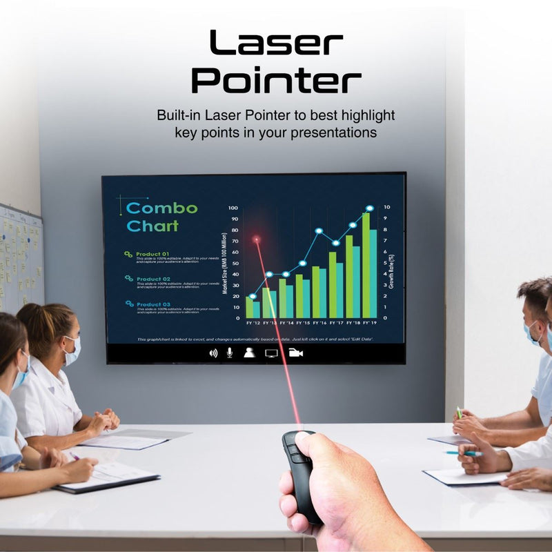 PROMATE Universal Wireless Red Laser Pointer up to 50m Laser Range Includes USB-A & C Dongle. Page Up/Down. Compatible with Mac/Win. 10m Working range. Easy Plug & Play. Black Colour. - Office Connect 2018