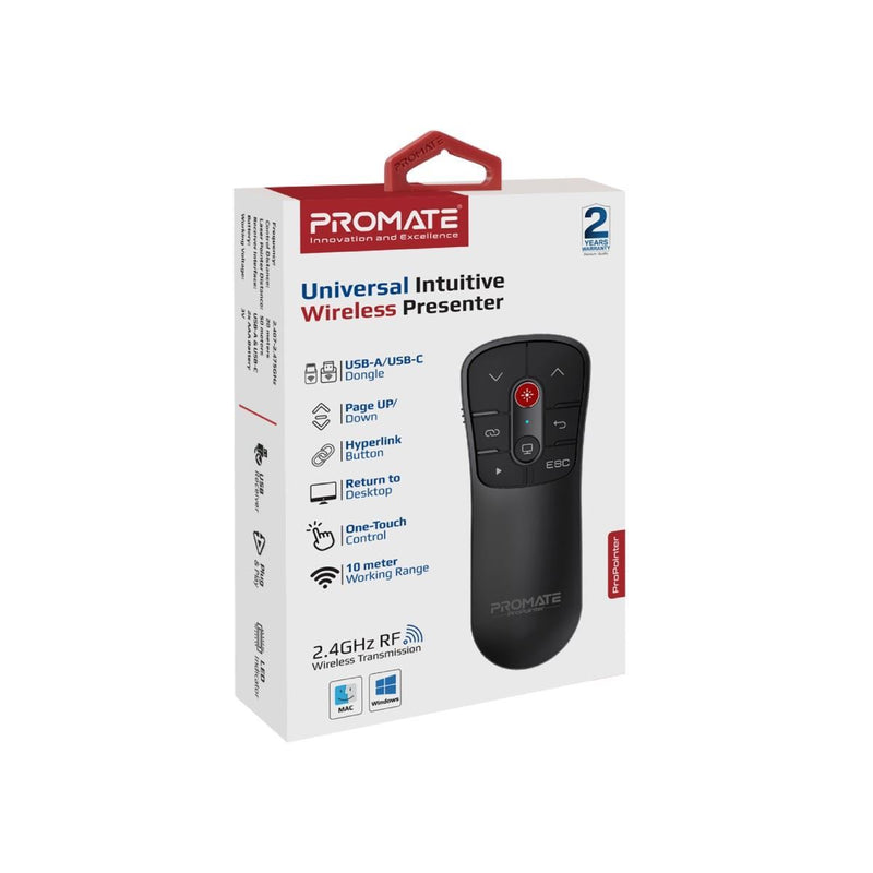 PROMATE Universal Wireless Red Laser Pointer up to 50m Laser Range Includes USB-A & C Dongle. Page Up/Down. Compatible with Mac/Win. 10m Working range. Easy Plug & Play. Black Colour. - Office Connect 2018