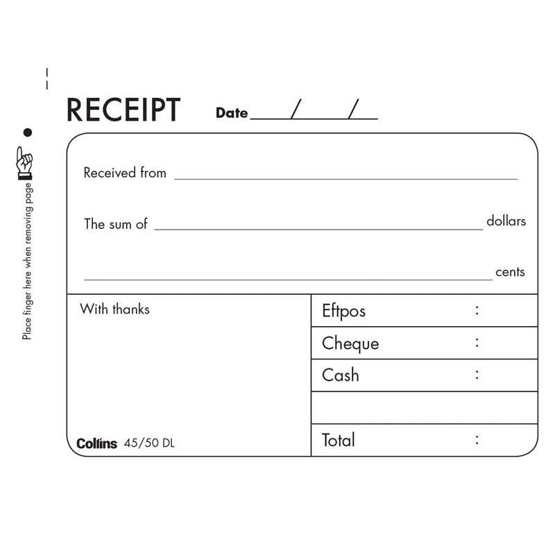 Collins Cash Receipt 45/50DL Duplicate No Carbon Required - Office Connect 2018