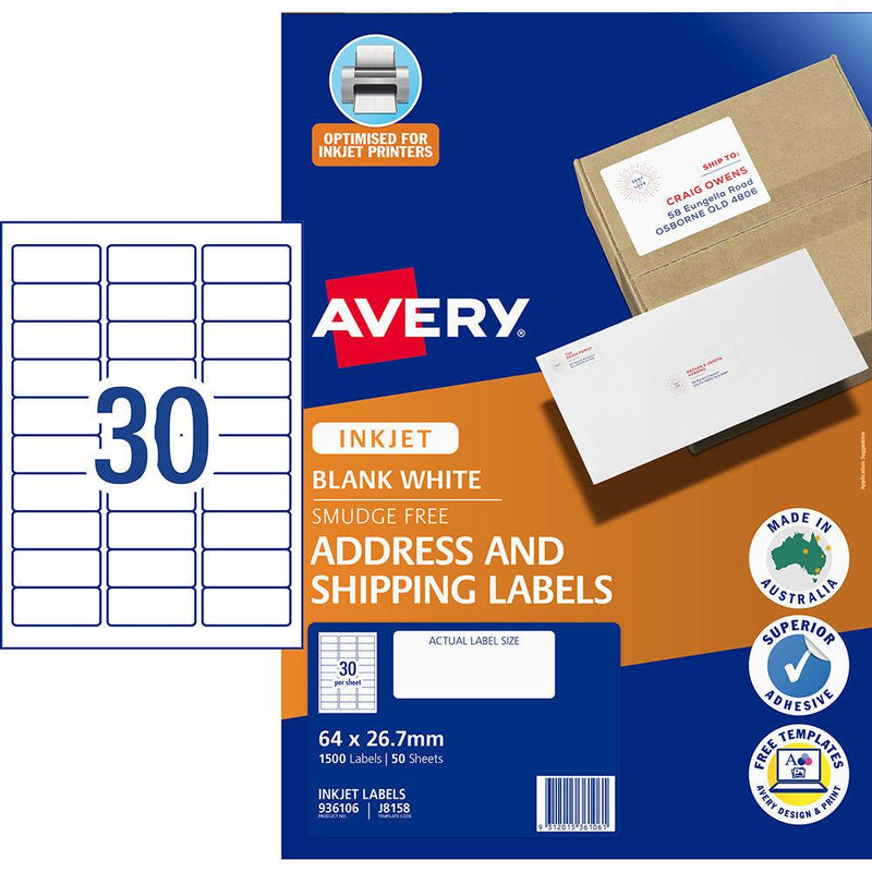 Avery Label J8158-50 Inkjet 30up 50 Sheets 64x26mm - Office Connect 2018