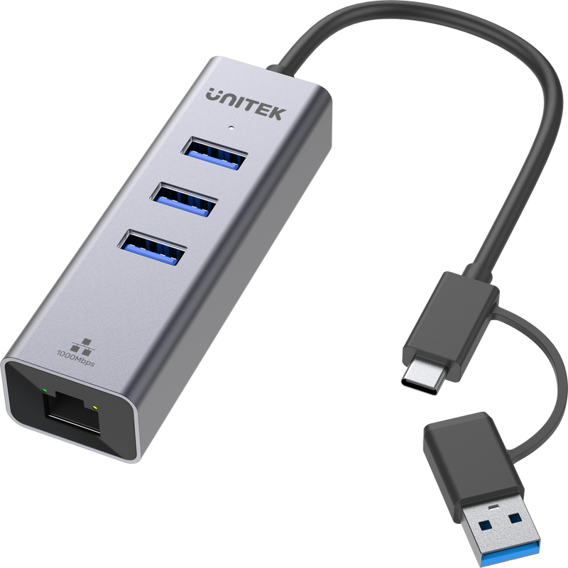 UNITEK 4-in-1 USB Multi-port Hub with 2-in-1 Connectors (USB-C & USB-A). Includes 3x USB-A 3.0 Ports, 1x Gigabit Ethernet RJ45 Port, Plug & Play. AluminiumIn Alloy Housing. Space Grey Colour. - Office Connect 2018