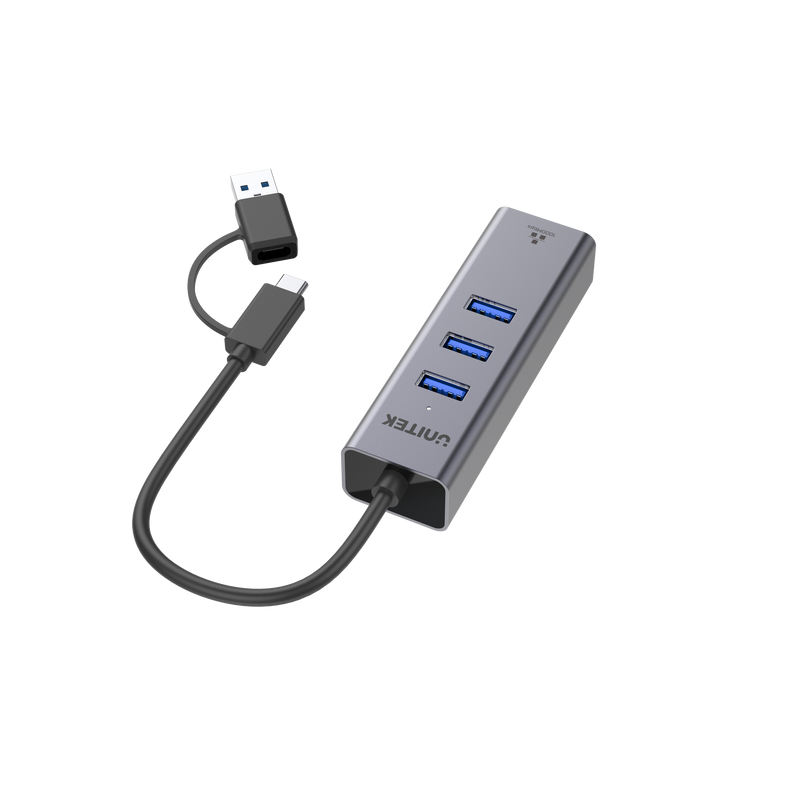 UNITEK 4-in-1 USB Multi-port Hub with 2-in-1 Connectors (USB-C & USB-A). Includes 3x USB-A 3.0 Ports, 1x Gigabit Ethernet RJ45 Port, Plug & Play. AluminiumIn Alloy Housing. Space Grey Colour. - Office Connect 2018