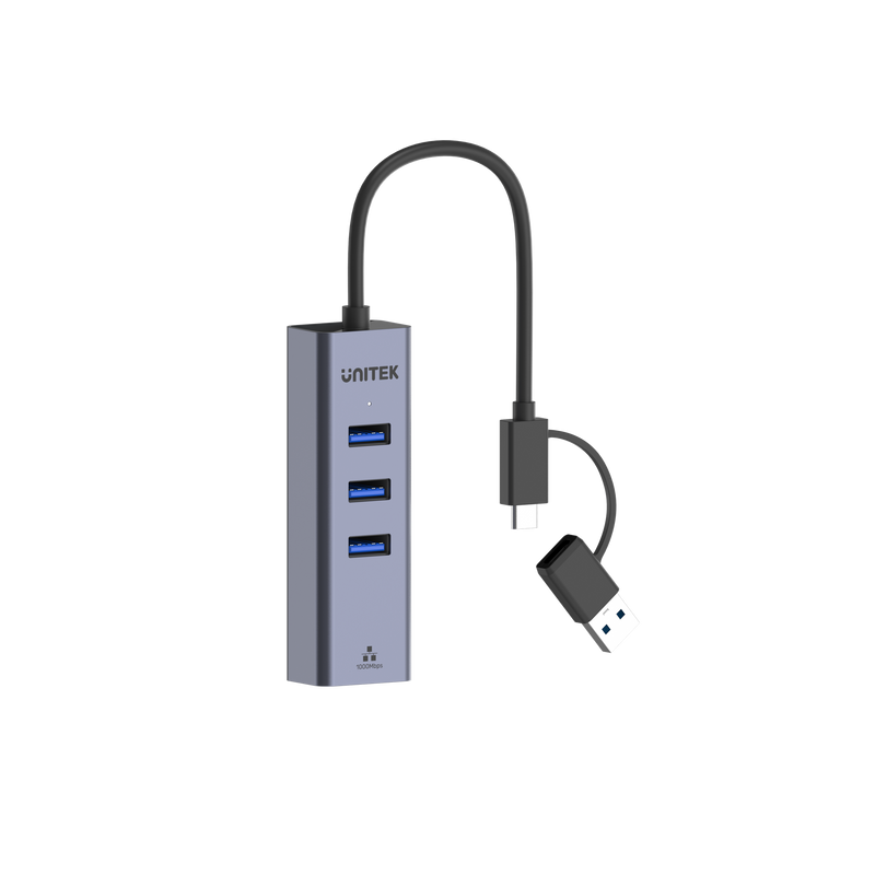 UNITEK 4-in-1 USB Multi-port Hub with 2-in-1 Connectors (USB-C & USB-A). Includes 3x USB-A 3.0 Ports, 1x Gigabit Ethernet RJ45 Port, Plug & Play. AluminiumIn Alloy Housing. Space Grey Colour. - Office Connect 2018