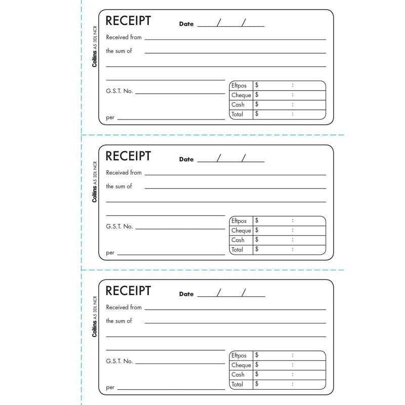 Collins Cash Receipt A5 3DL Duplicate No Carbon Required - Office Connect 2018