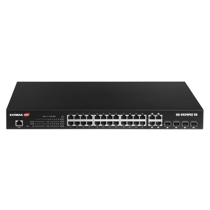 EDIMAX 28-Port Surveillance Long Range Gigabit PoE+ Web Smart Switch with 2 Gigabit RJ45 & 2 SFP Ports. Max Power Budget 400W. Supports PoE up to 200m. IEEE 802.3af/at PoE Compliant. IP Surveillance VLAN - Office Connect 2018