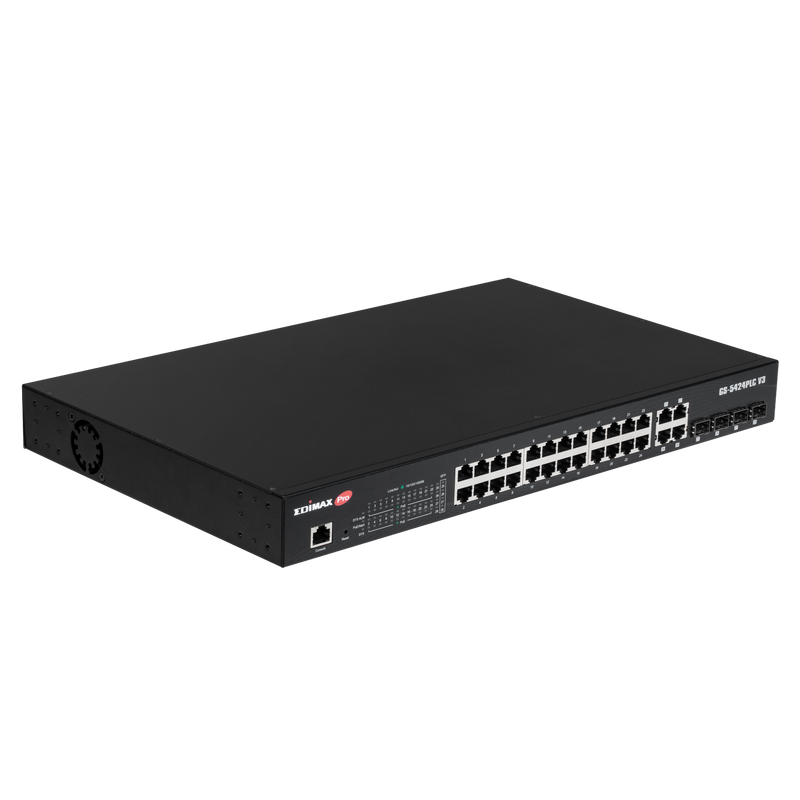 EDIMAX 28-Port Surveillance Long Range Gigabit PoE+ Web Smart Switch with 2 Gigabit RJ45 & 2 SFP Ports. Max Power Budget 400W. Supports PoE up to 200m. IEEE 802.3af/at PoE Compliant. IP Surveillance VLAN - Office Connect 2018