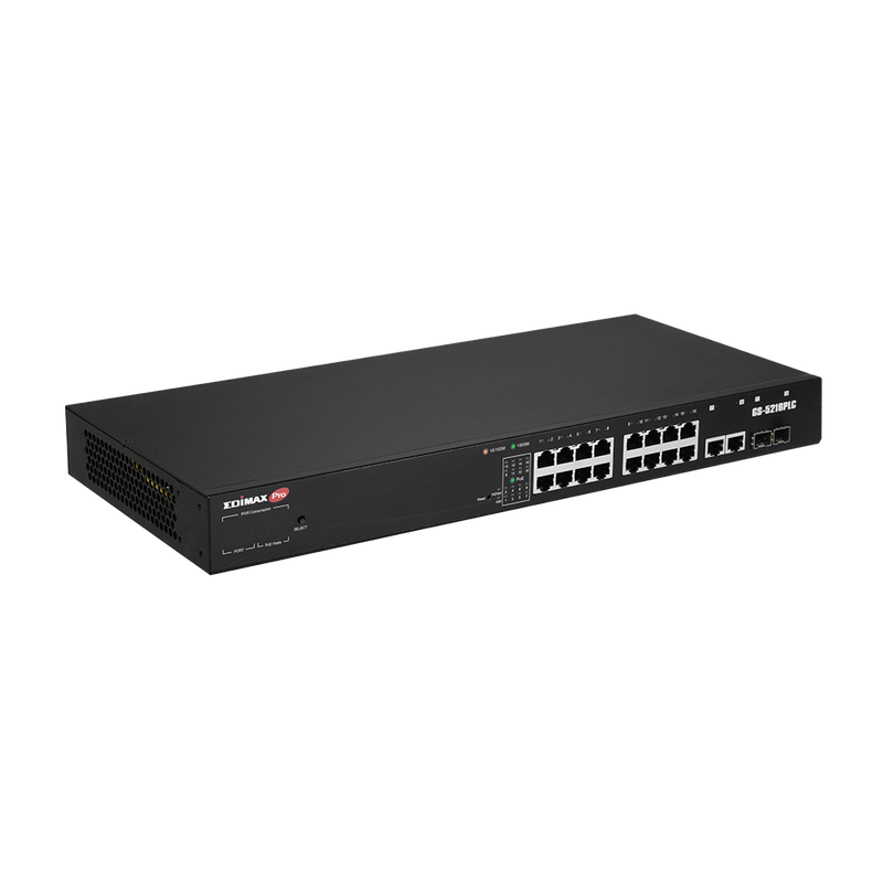 EDIMAX 18-Port Surveillance Long Range Gigabit PoE+ Web Smart Switch with 2 Gigabit RJ45 & 2 SFP Ports. Max Power Budget 280W. Supports PoE up to 200m. IEEE 802.3af/at PoE Compliant. IP Surveillance VLAN