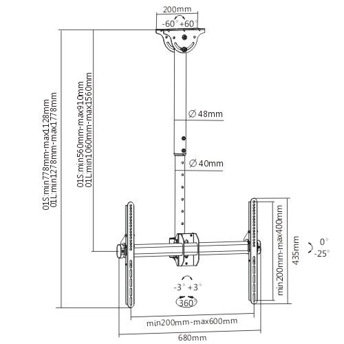 BRATECK 37''-70'' Ceiling Mount Bracket. Max Load: 50Kgs. VESA support up to: 600x400. Profile: 1060-1560mm. Hidden cable management. Colour: Slate black.